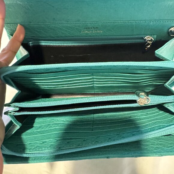 Lorenzi Genuine Ostrich Leather Womens Green Silver Hardware logo Purse - Picture 5 of 9